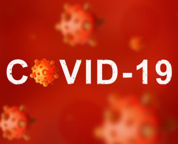 COVID-19 coronavirus under microscope, 3d illustration. Deadly SARS-CoV-2 corona virus global outbreak. Red banner with COVID disease theme. Coronavirus pandemic and COVID19 symptoms concept.
